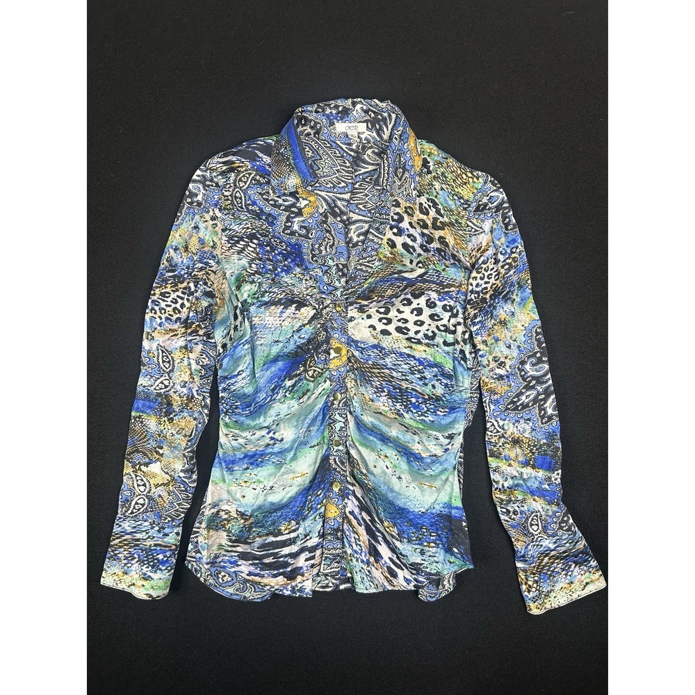Vintage Y2K Cache 96% Silk Ruched Blouse Blue Animal Print Large